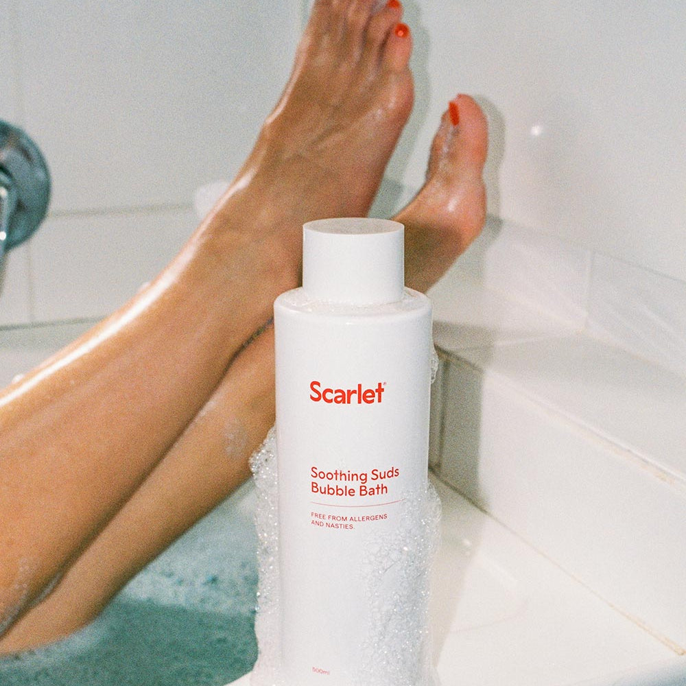 Scarlet Period Soothing Sud Bubble Bath is spiked with magnesium and is designed to soothe.