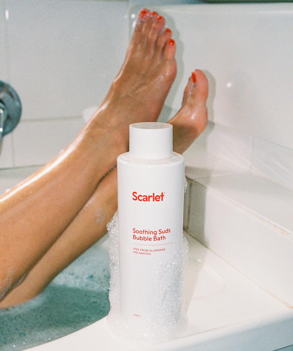 Scarlet Period Soothing Sud Bubble Bath is spiked with magnesium and is designed to soothe.