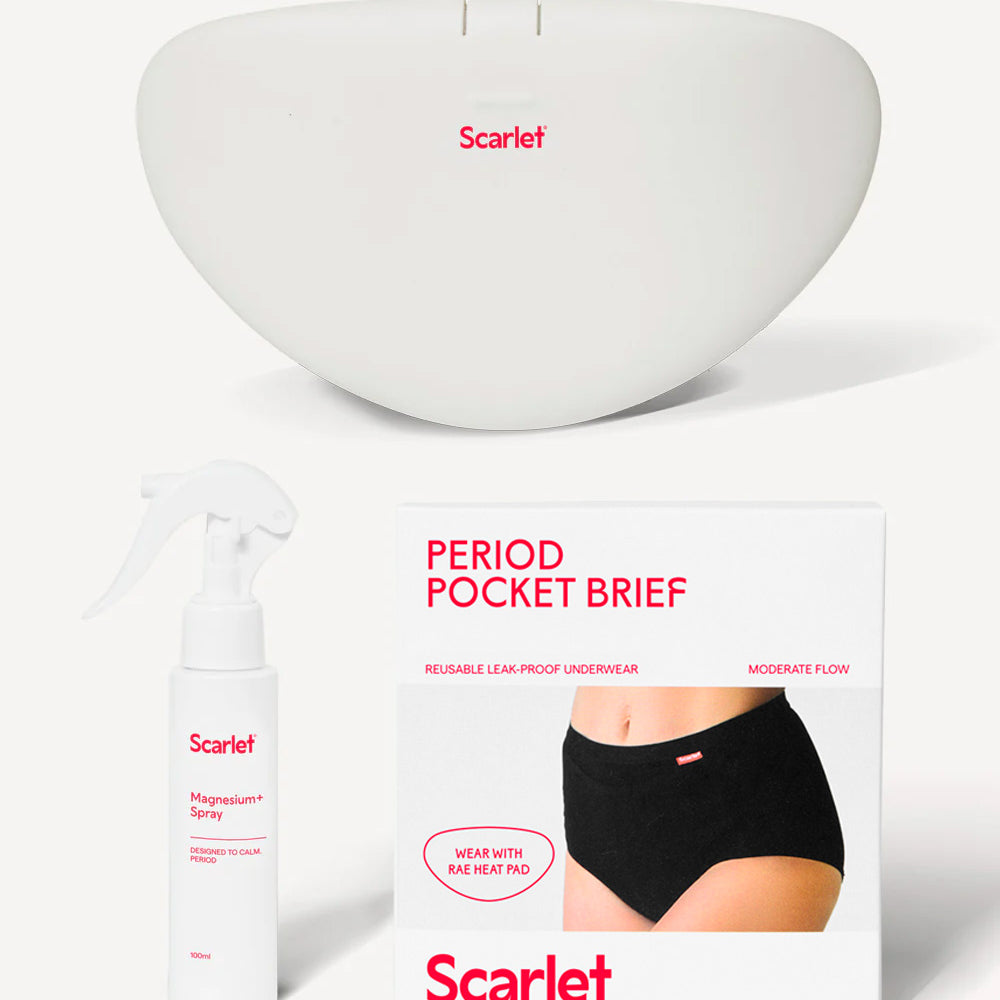 Embrace comfort with Scarlet Period rae Heat Pad: rechargeable, sleek, and splash-proof.