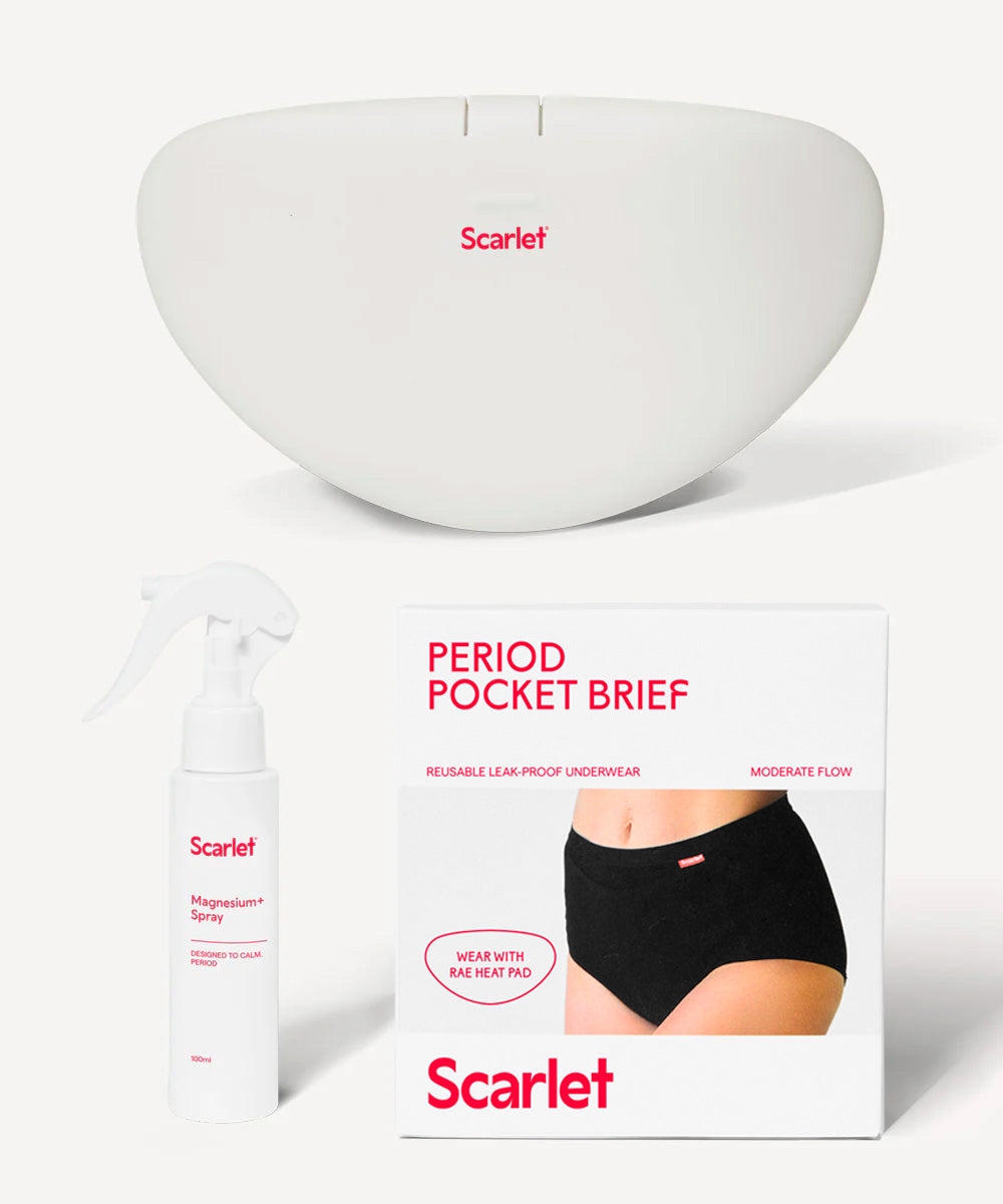 Embrace comfort with Scarlet Period rae Heat Pad: rechargeable, sleek, and splash-proof.