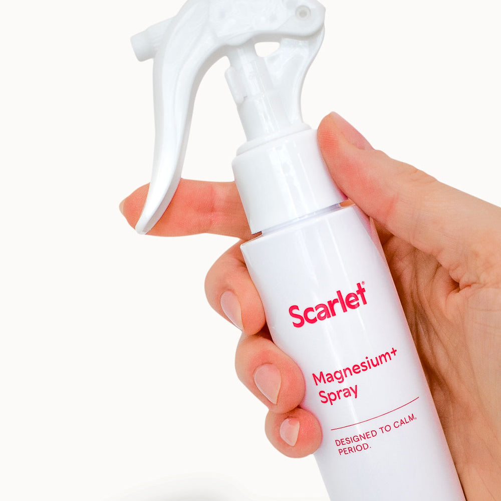 Scarlet Period Magnesium+ Spray is packed with lavender and arnica to relax in seconds.