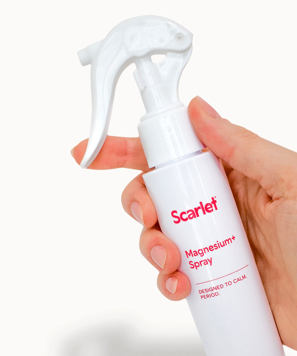 Scarlet Period Magnesium+ Spray is packed with lavender and arnica to relax in seconds.