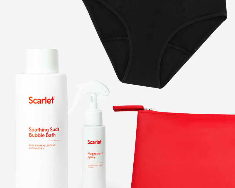 Scarlet Period Calm Your Bits Kit |  Bikini Brief, Bubble Bath, Magnesium+ Spray & Bag