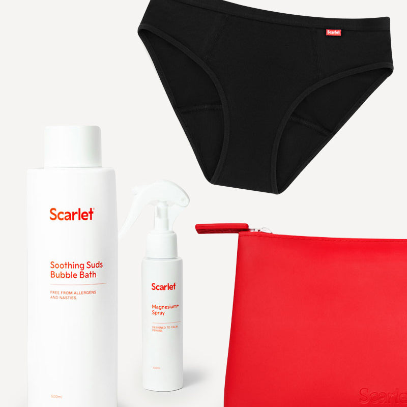 Scarlet Period Calm Your Bits Kit |  Bikini Brief, Bubble Bath, Magnesium+ Spray & Bag