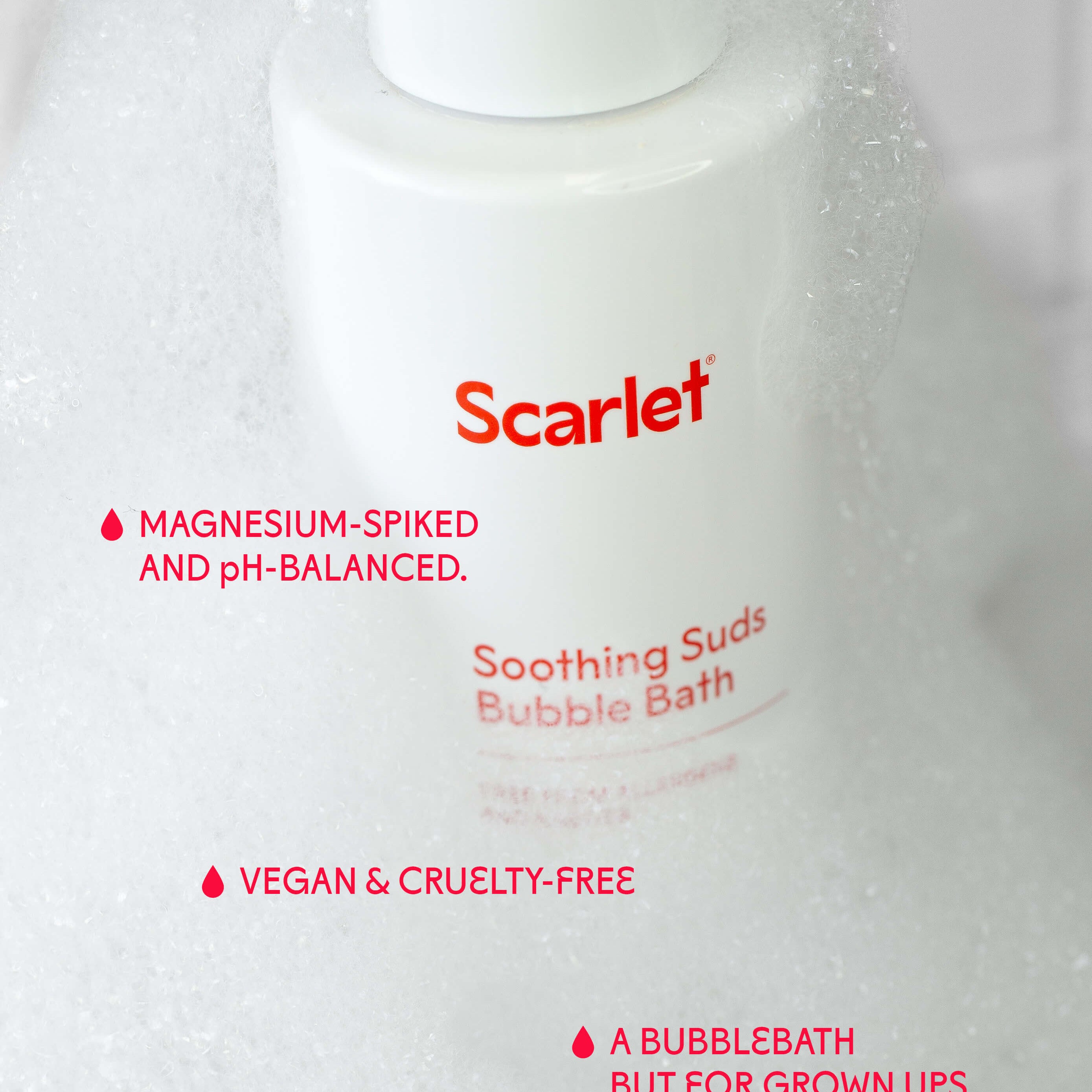 Scarlet Period Soothing Sud Bubble Bath is spiked with magnesium and is designed to soothe.