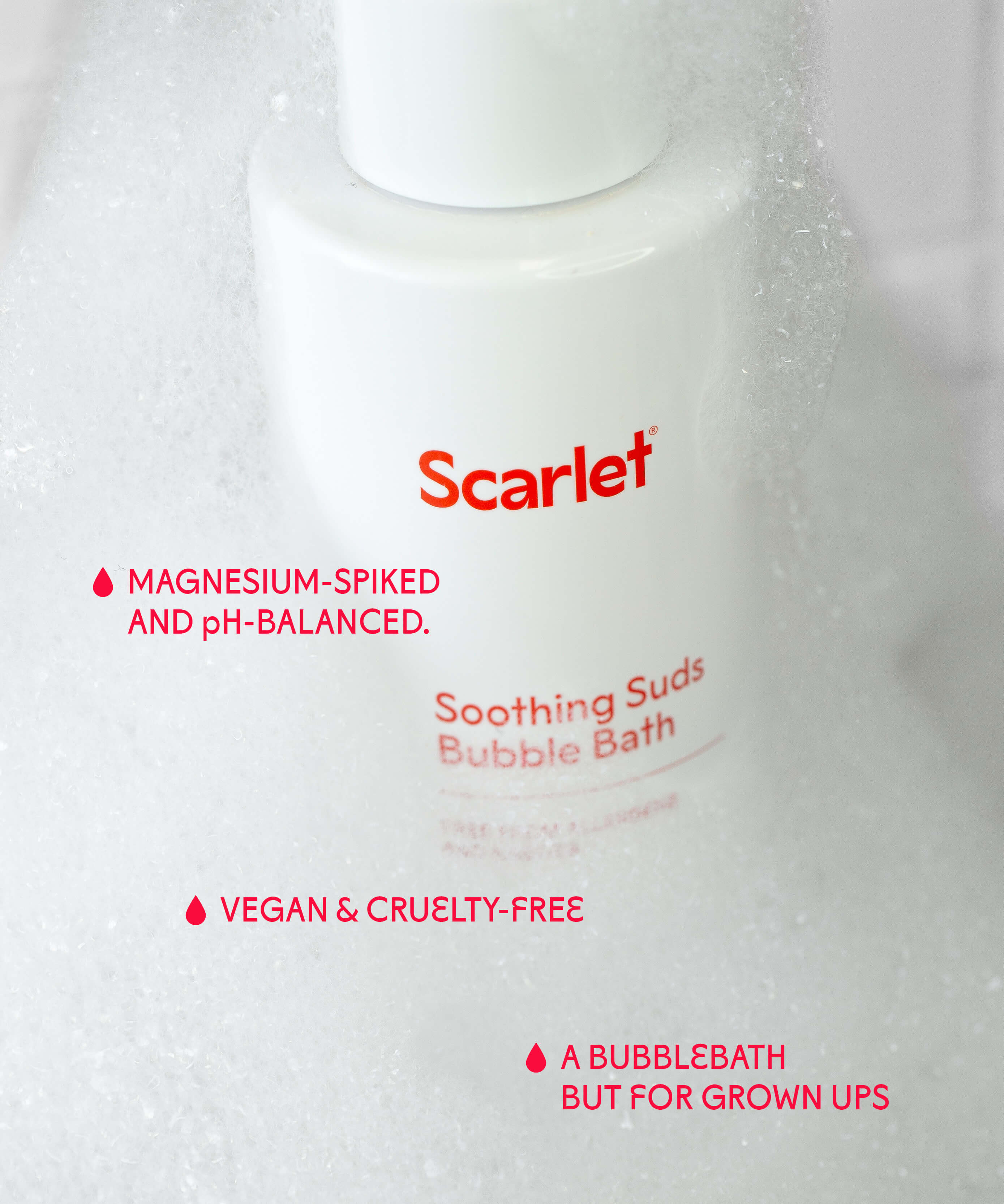 Scarlet Period Soothing Sud Bubble Bath is spiked with magnesium and is designed to soothe.