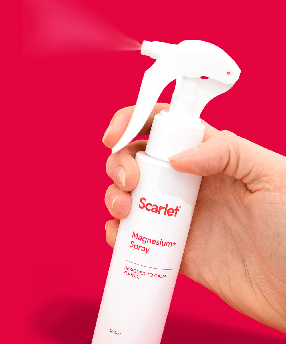 Scarlet Period Magnesium+ Spray is packed with lavender and arnica to relax in seconds.