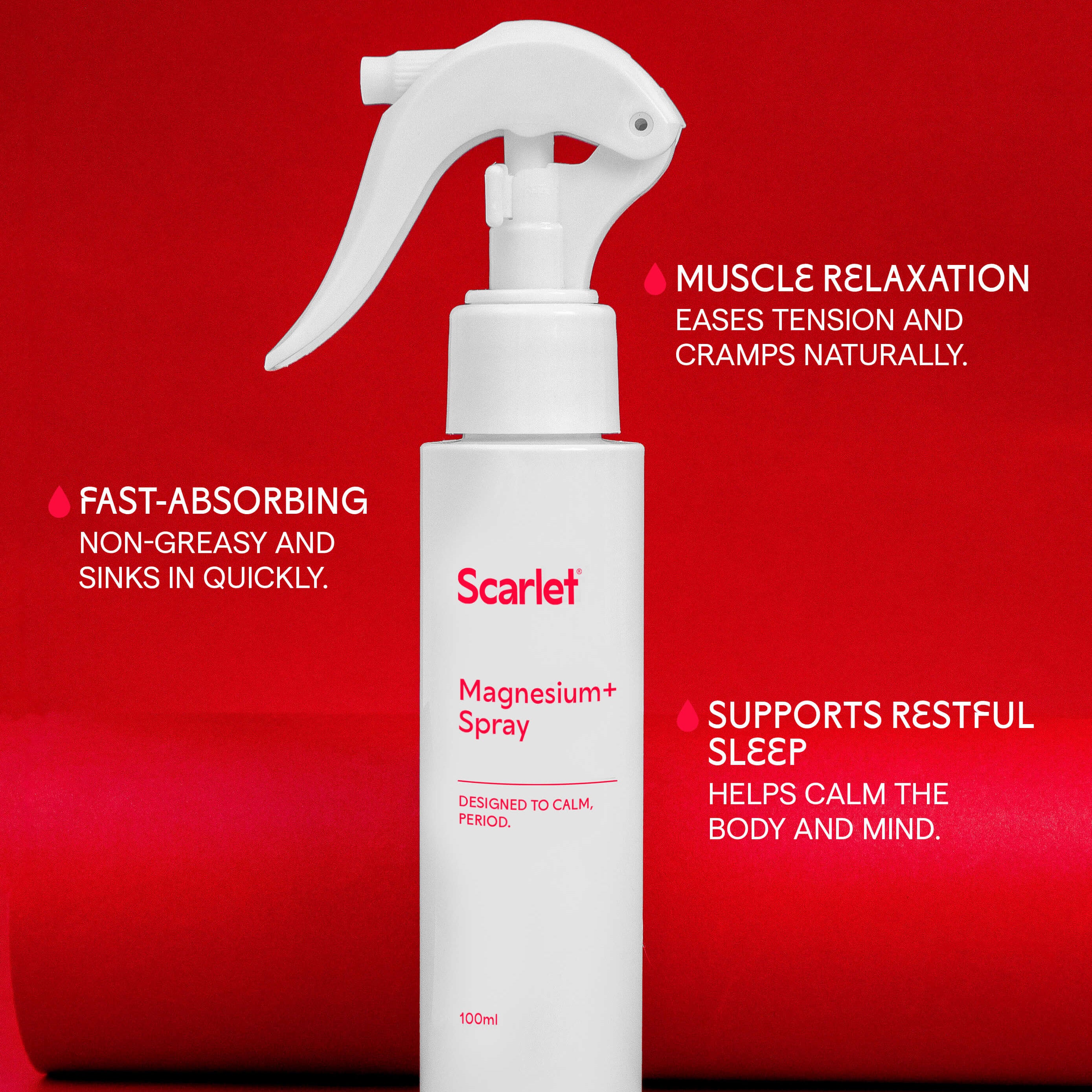 Scarlet Period Magnesium+ Spray is packed with lavender and arnica to relax in seconds.