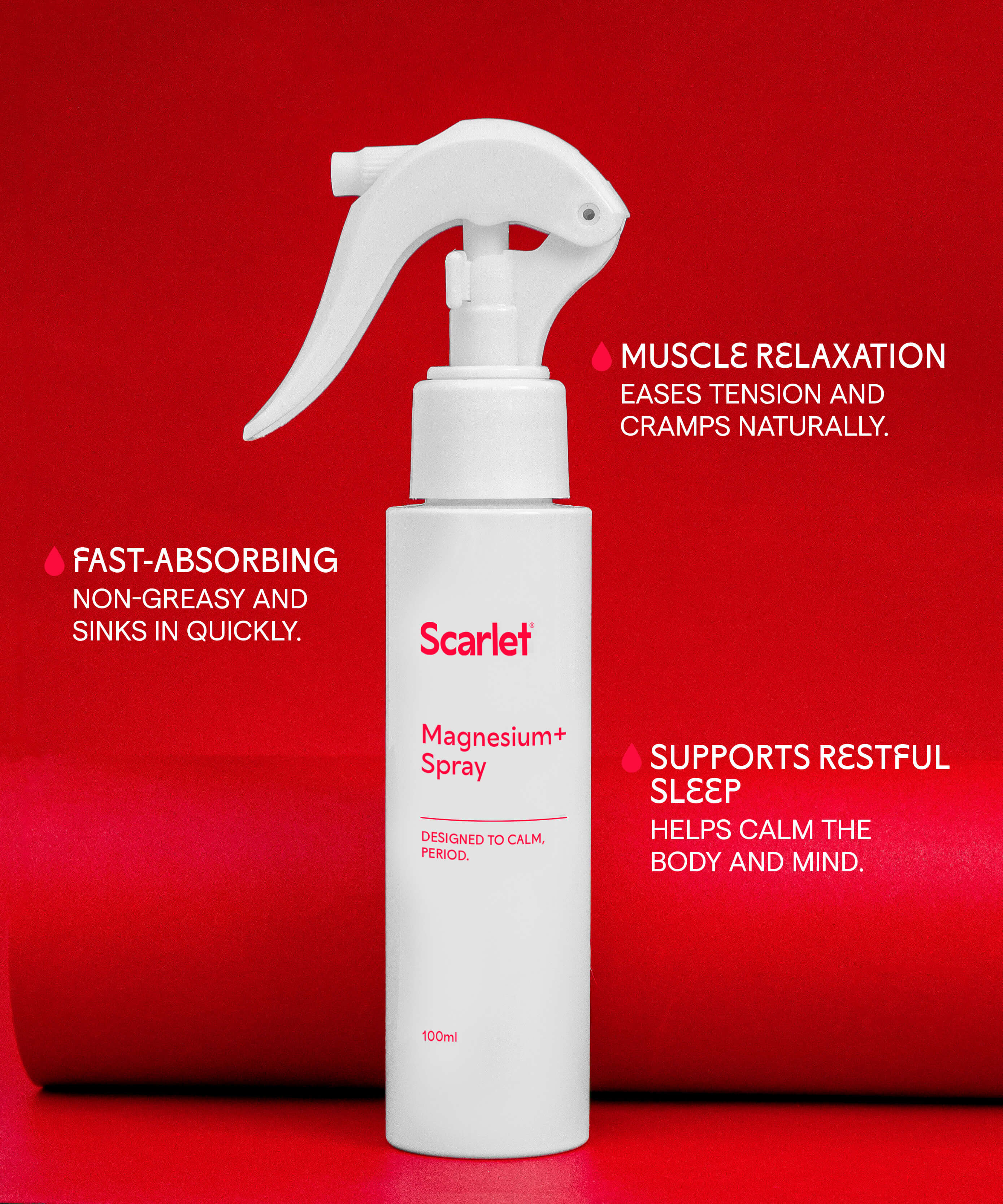 Scarlet Period Magnesium+ Spray is packed with lavender and arnica to relax in seconds.