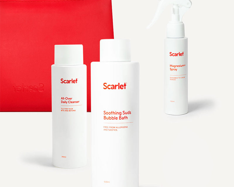 Scarlet Period Soothe Operators Set | Bubble Bath, Magnesium+ Spray, All-Over Cleanser & waterproof bag.