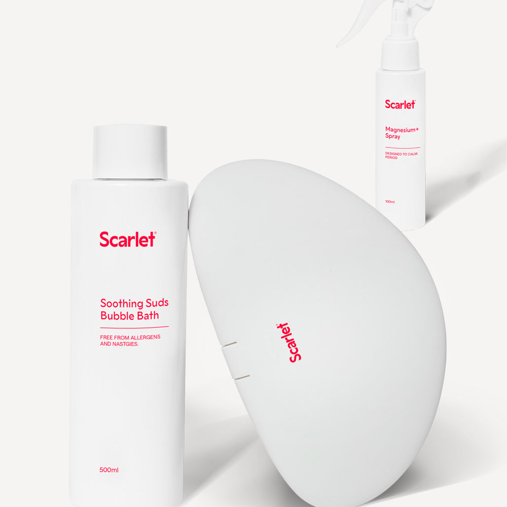 Scarlet Period The Take Care Pack includes rae Heat Pad, Magnesium+ Spray, Soothing Suds Bubble Bath