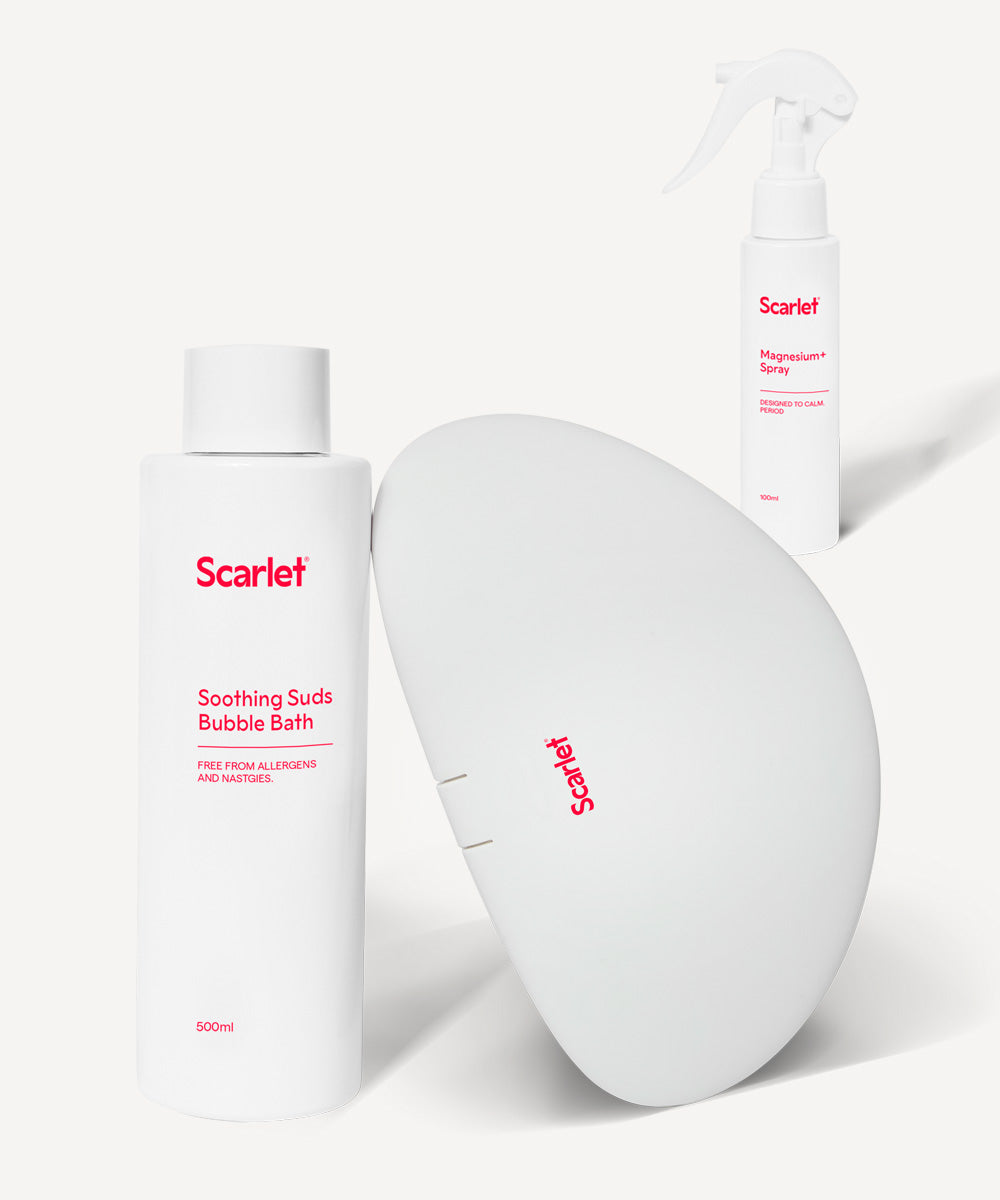 Scarlet Period The Take Care Pack includes rae Heat Pad, Magnesium+ Spray, Soothing Suds Bubble Bath