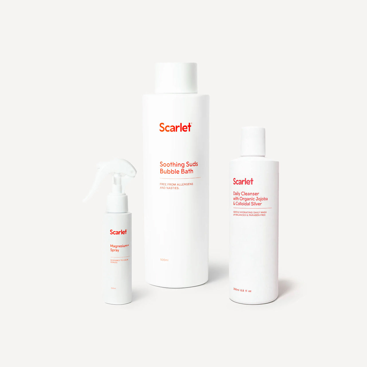 Scarlet skincare products on a white background