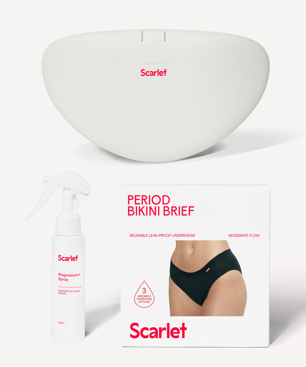 Embrace comfort with Scarlet Period rae Heat Pad: rechargeable, sleek, and splash-proof.