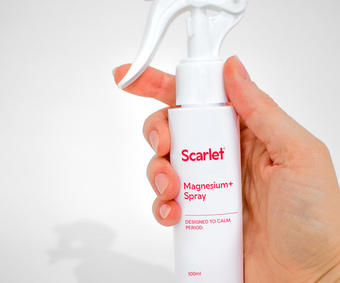 Scarlet Period Pain Magnesium+ Spray with lavender and arnica. Absorbs quickly and leaves no residue.