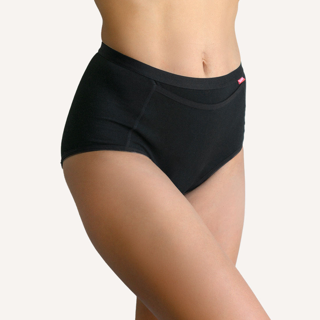 Scarlet Everyday Pocket Brief worn, a high-waist organic cotton brief with a front pocket for rae