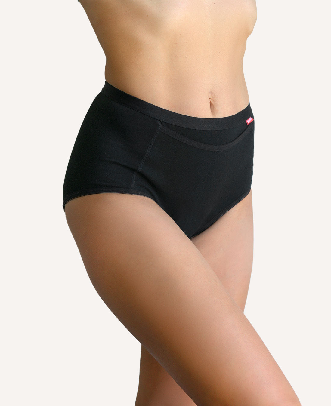 Scarlet Everyday Pocket Brief worn, a high-waist organic cotton brief with a front pocket for rae