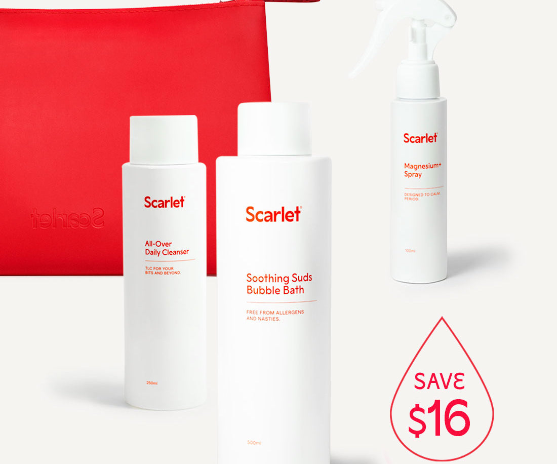 Scarlet Period Soothe Operators Set | Bubble Bath, Magnesium+ Spray, All-Over Cleanser & waterproof bag.