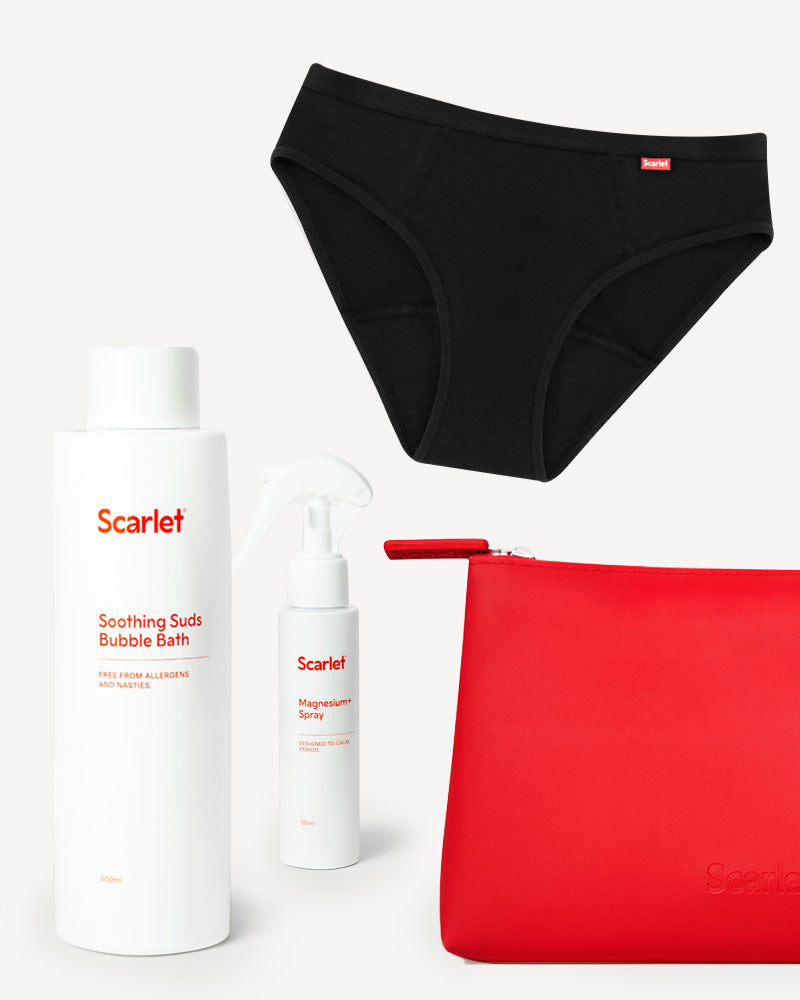 Scarlet Period Calm Your Bits Kit |  Bikini Brief, Bubble Bath, Magnesium+ Spray & Bag