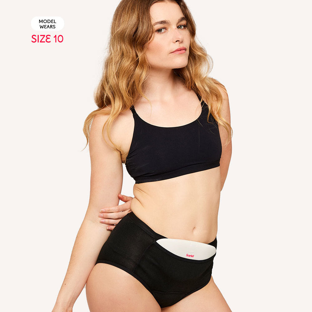 Scarlet High-Waist Pocket Period Brief with the front pocket that holds rae