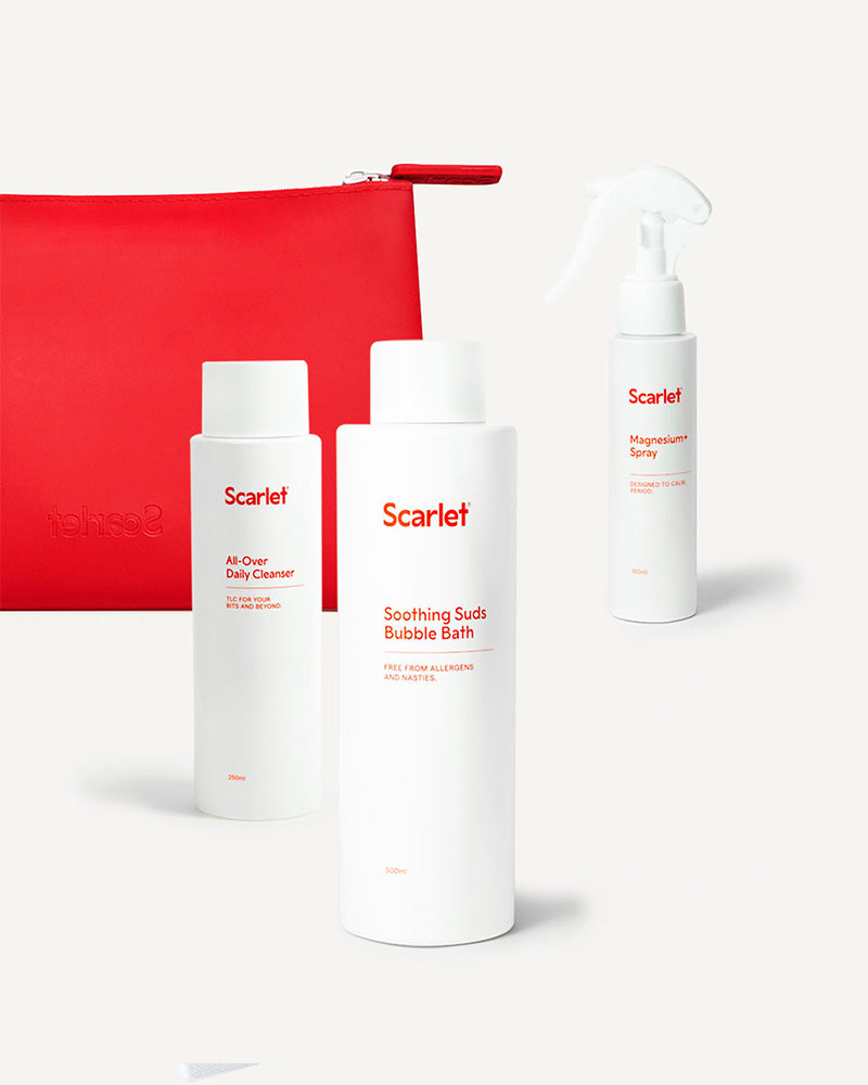 Scarlet Period Soothe Operators Set | Bubble Bath, Magnesium+ Spray, All-Over Cleanser & waterproof bag.