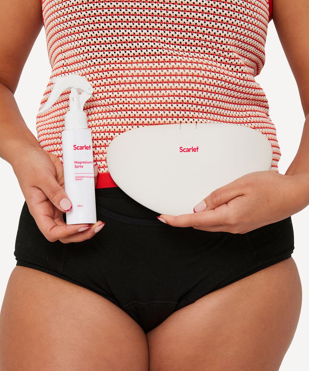 Scarlet Period Comfort Kit includes Magnesium+ Spray, rae Heat Pad, and Period Pocket Undies. Buy the set, save $13.
