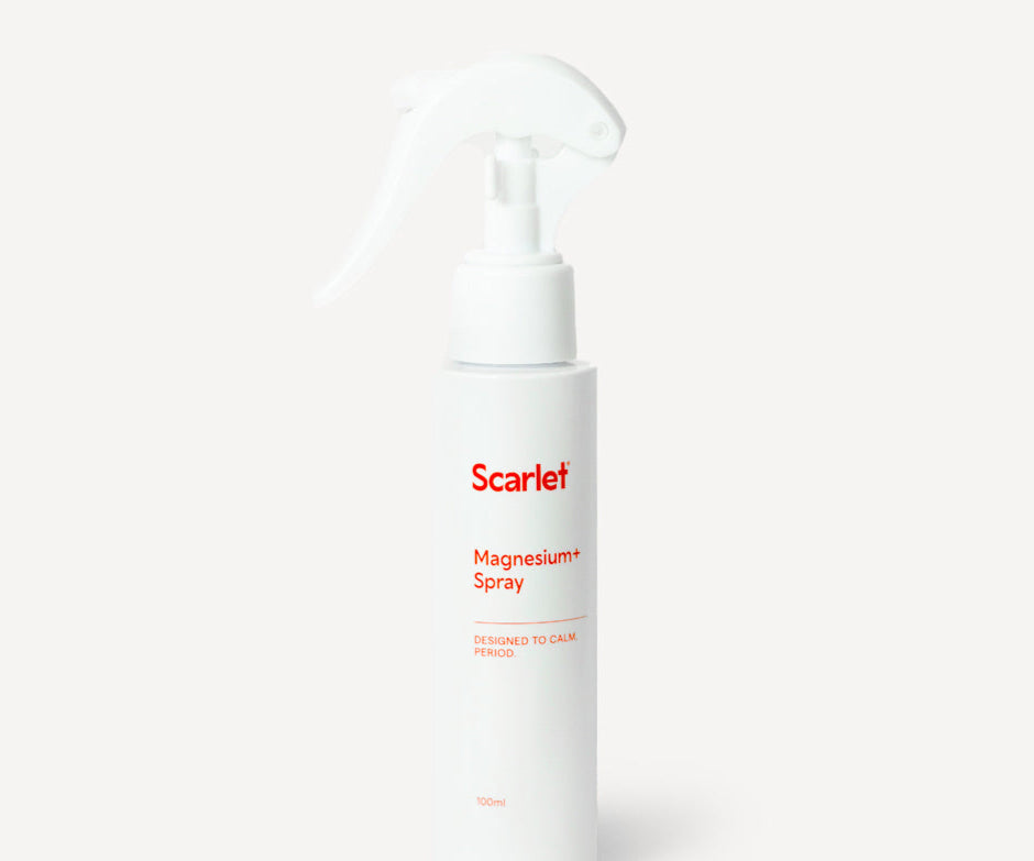 Scarlet Period Pain Magnesium+ Spray with lavender and arnica. Absorbs quickly and leaves no residue.