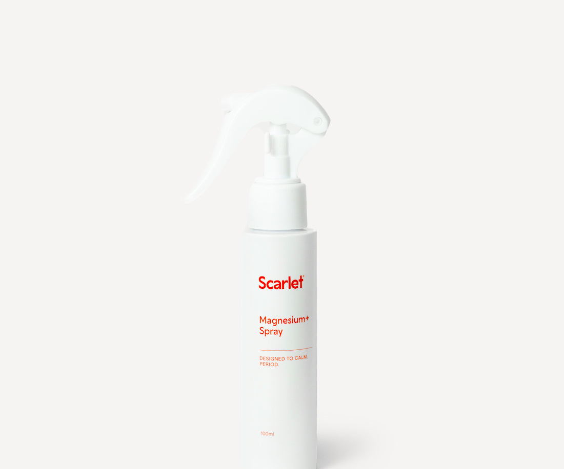 Scarlet Period Pain Magnesium+ Spray with lavender and arnica. Absorbs quickly and leaves no residue.