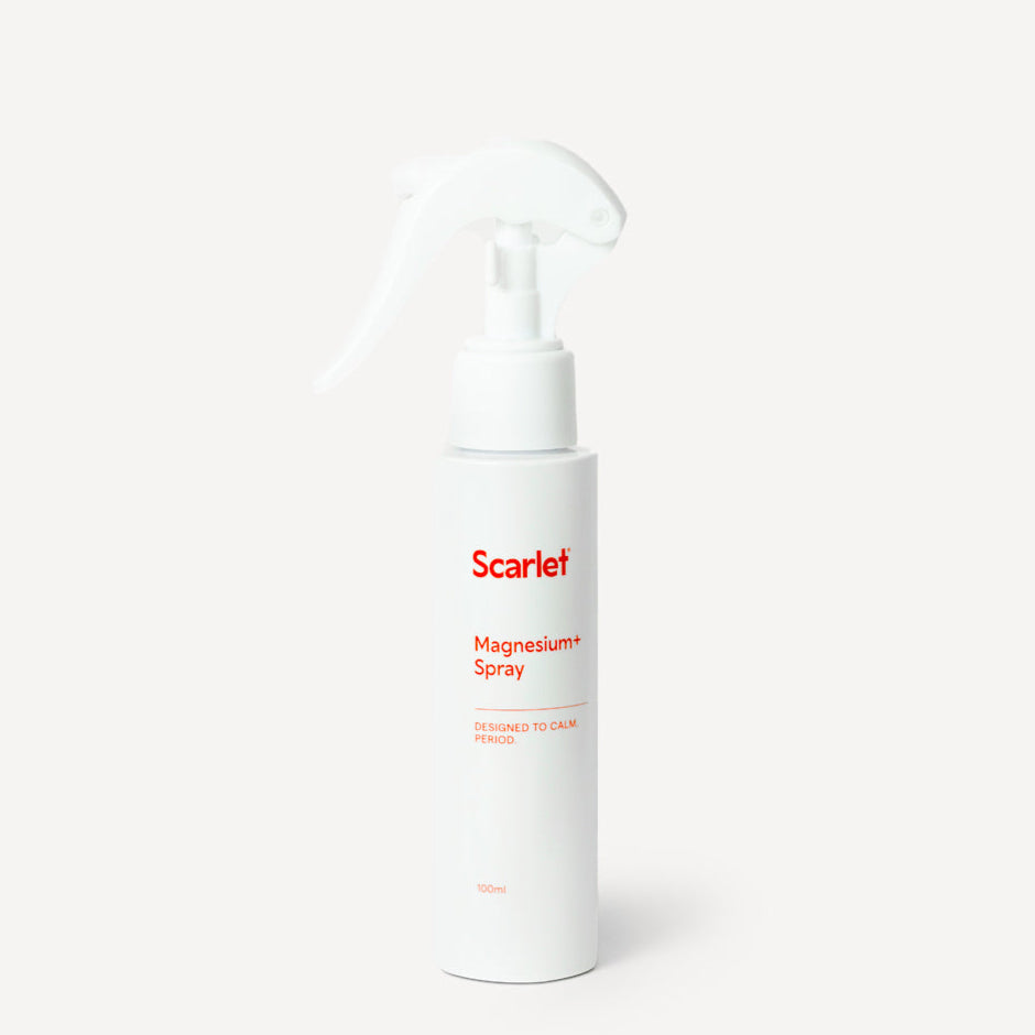 Scarlet Period Pain Magnesium+ Spray with lavender and arnica. Absorbs quickly and leaves no residue.