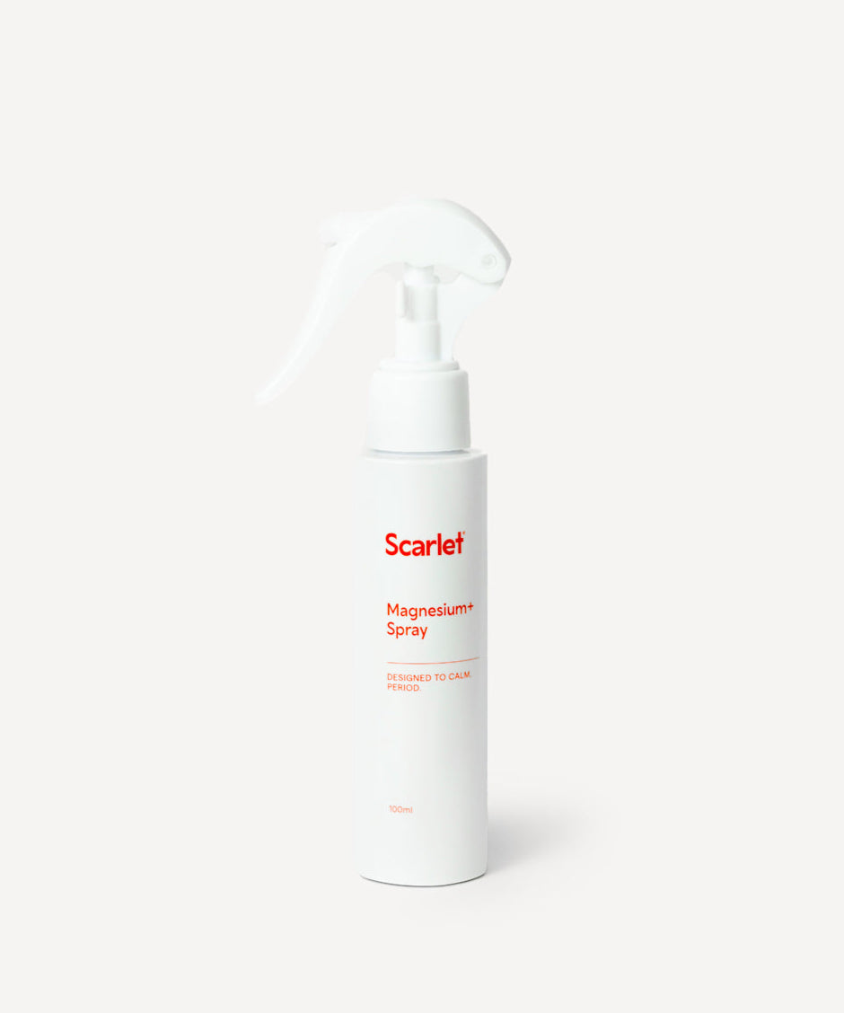 Scarlet Period Pain Magnesium+ Spray with lavender and arnica. Absorbs quickly and leaves no residue.