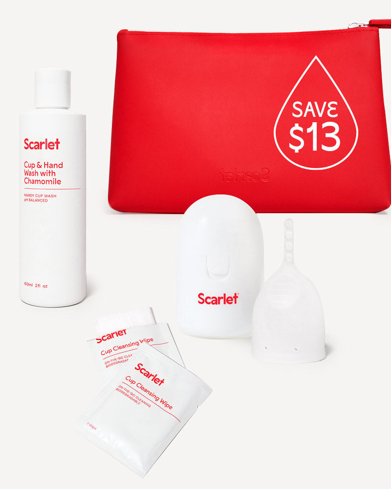 Scarlet Period Cup Starter Kit | Period Cup, Cup Wash & Wipes, Waterproof Toiletry Bag 