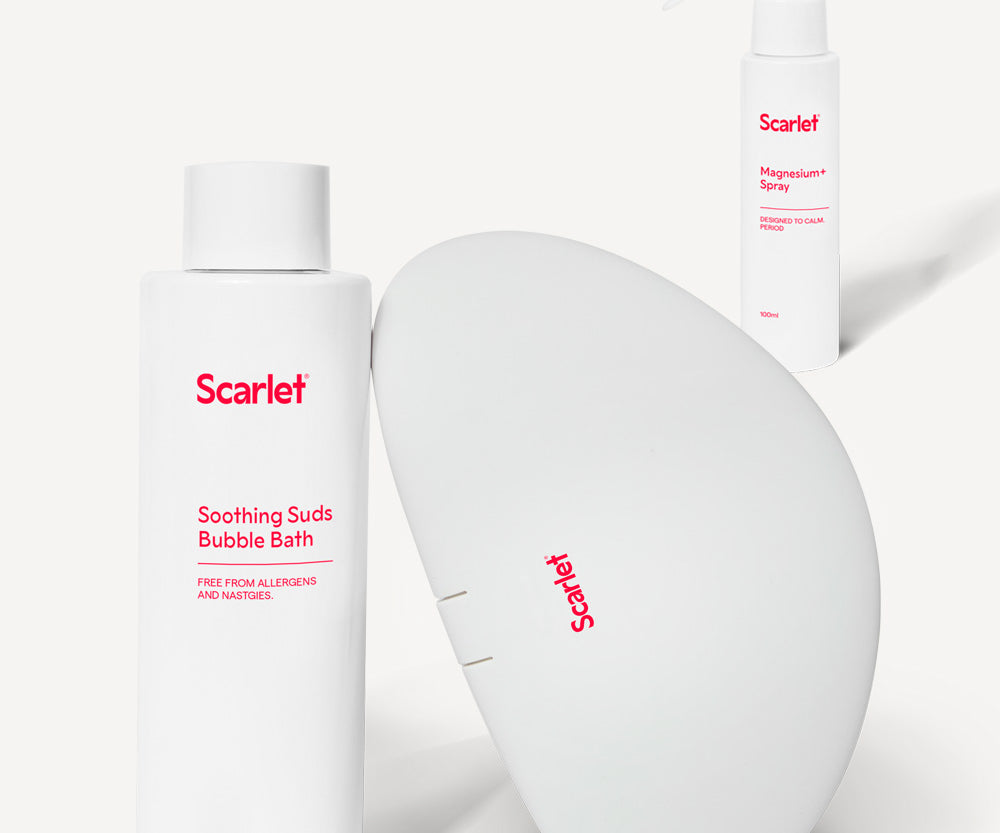 Scarlet Period The Take Care Pack includes rae Heat Pad, Magnesium+ Spray, Soothing Suds Bubble Bath
