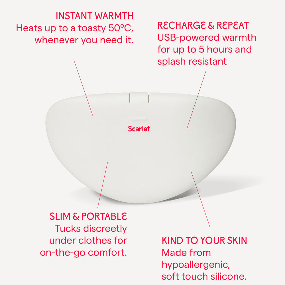 Labelled diagram of the white rae heat pad showing heat up to 50C, USB recharging, a slim shape that tucks under clothes, and hypoallergenic silicone