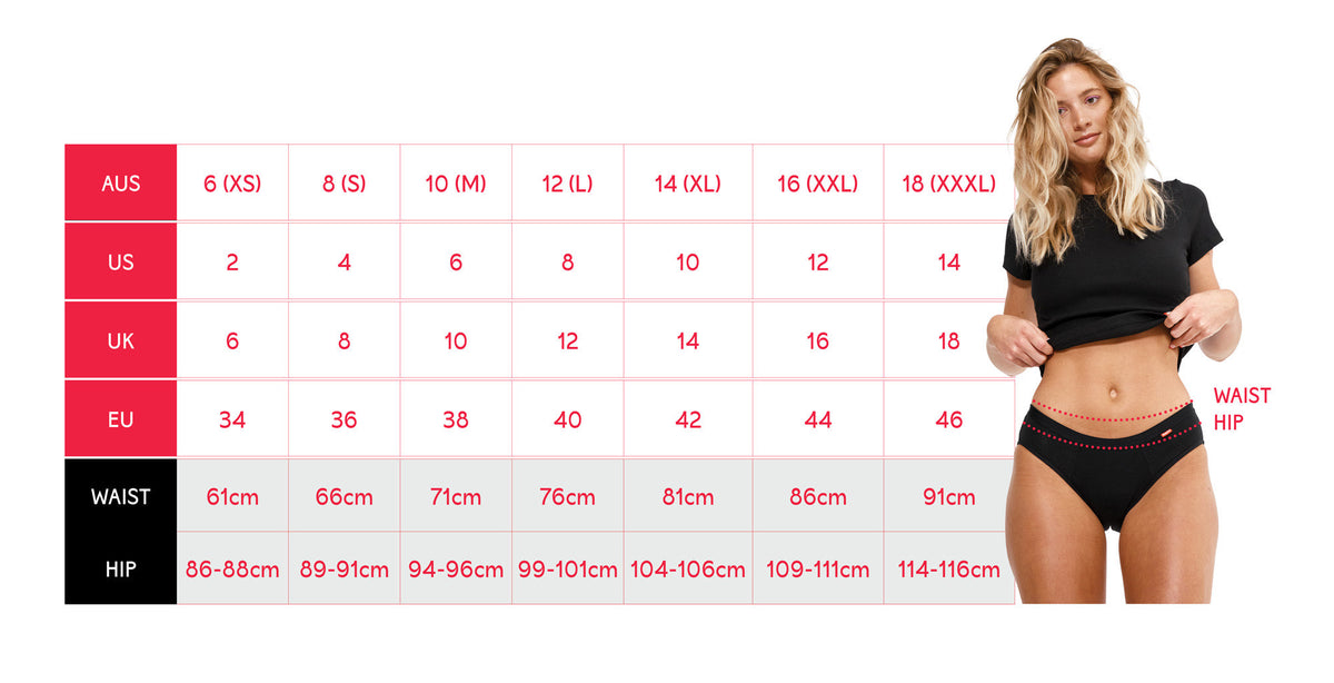 Size chart for 3-pack Period G-String