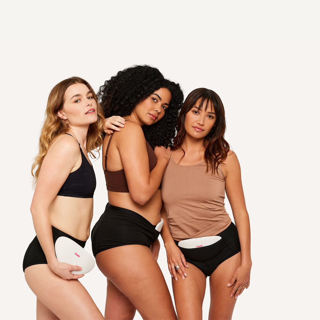 Three models wear scarlet rae heat pad and period pocket undies